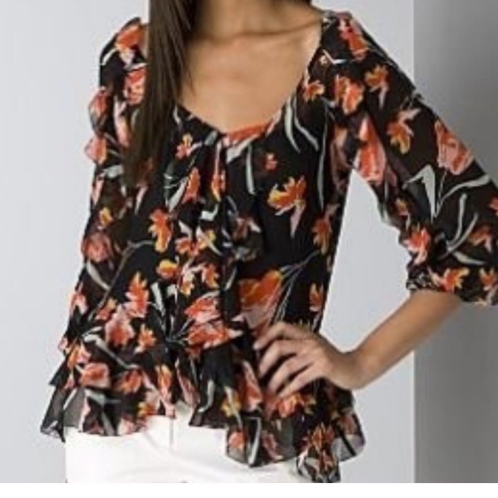 Diane Von Furstenberg Benedetta Black Tulip Floral Silk Chiffon Blouse - size 6